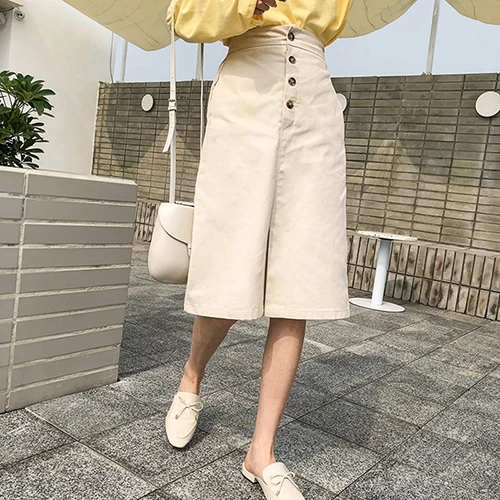 

Knee Length Skirt A Line For Women Khaki High Waist Button Female Cotton Skirt Vintage Summer Long Skirts Women