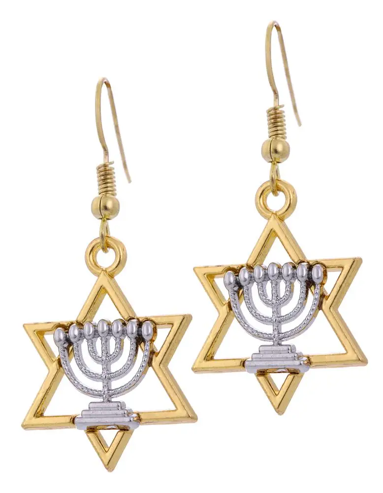 

Fashion Women Religion Zinc Alloy Metal Gold&Silver Candlestick Jewish Charm dangling Star Of David Jewelry Earrings, Gold plus silver