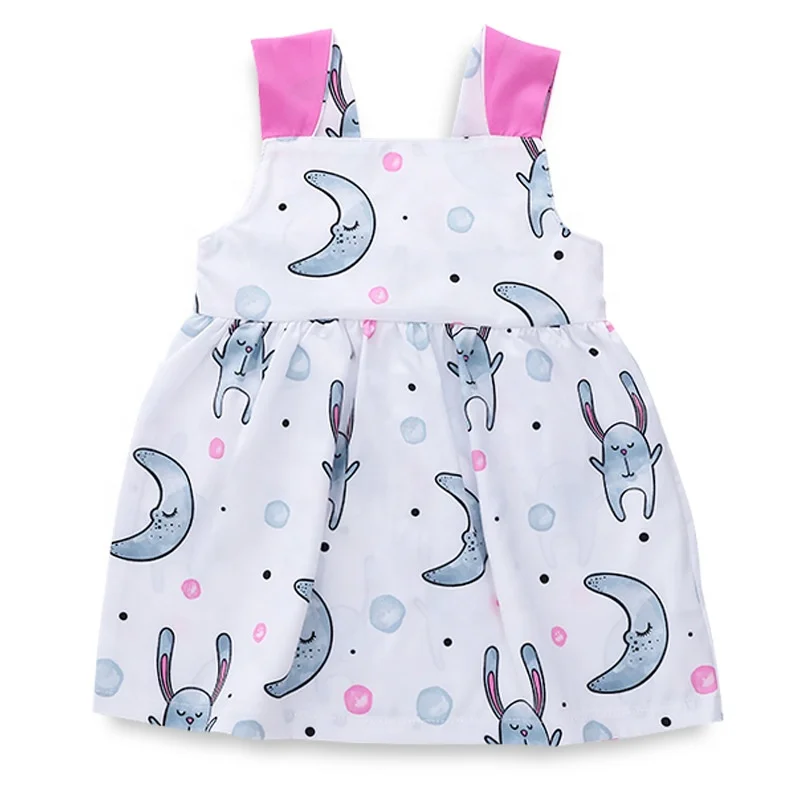 

Pretty Easter Moon Long Ear Bunny Print Pink Shoulderstrapes Girls Toddle Dress 0-5 Years Old Kids festivals clothes, Picture shows