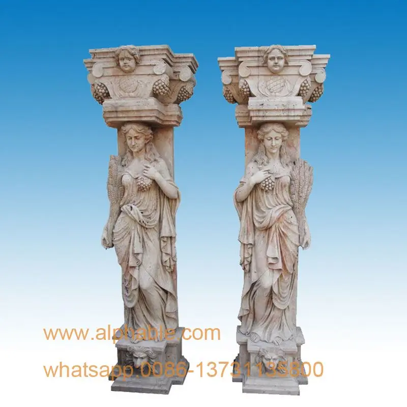 
Popular Roman Pillar Design Yellow Travertine Stone Column With Lady Statue 