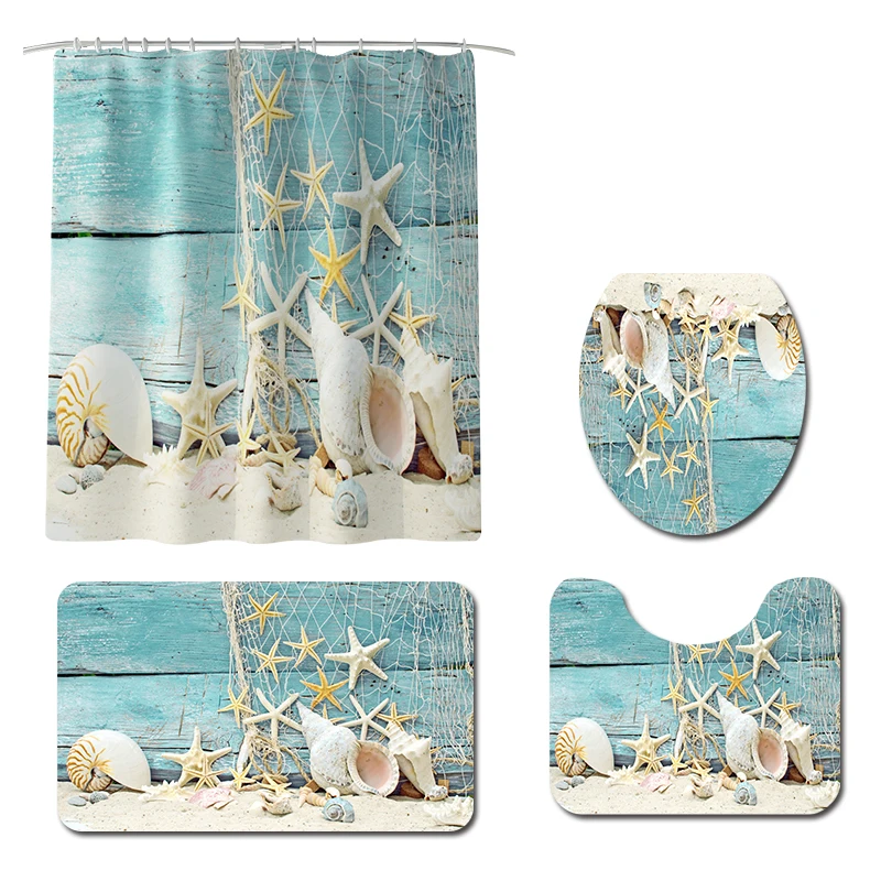 Polyester Shower Curtain Lid Toilet Cover Bath Mat Rug with Hooks Bathroom Accessory Sets 180x180cm