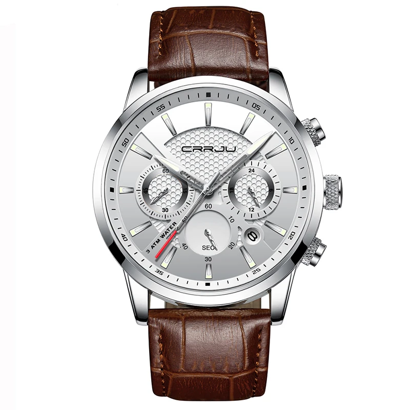 

Mens Watches Leather Strap Quartz Casual Business Wristwatch Fashion Brand CRRJU Chronograph Water Resistant Montre Homme