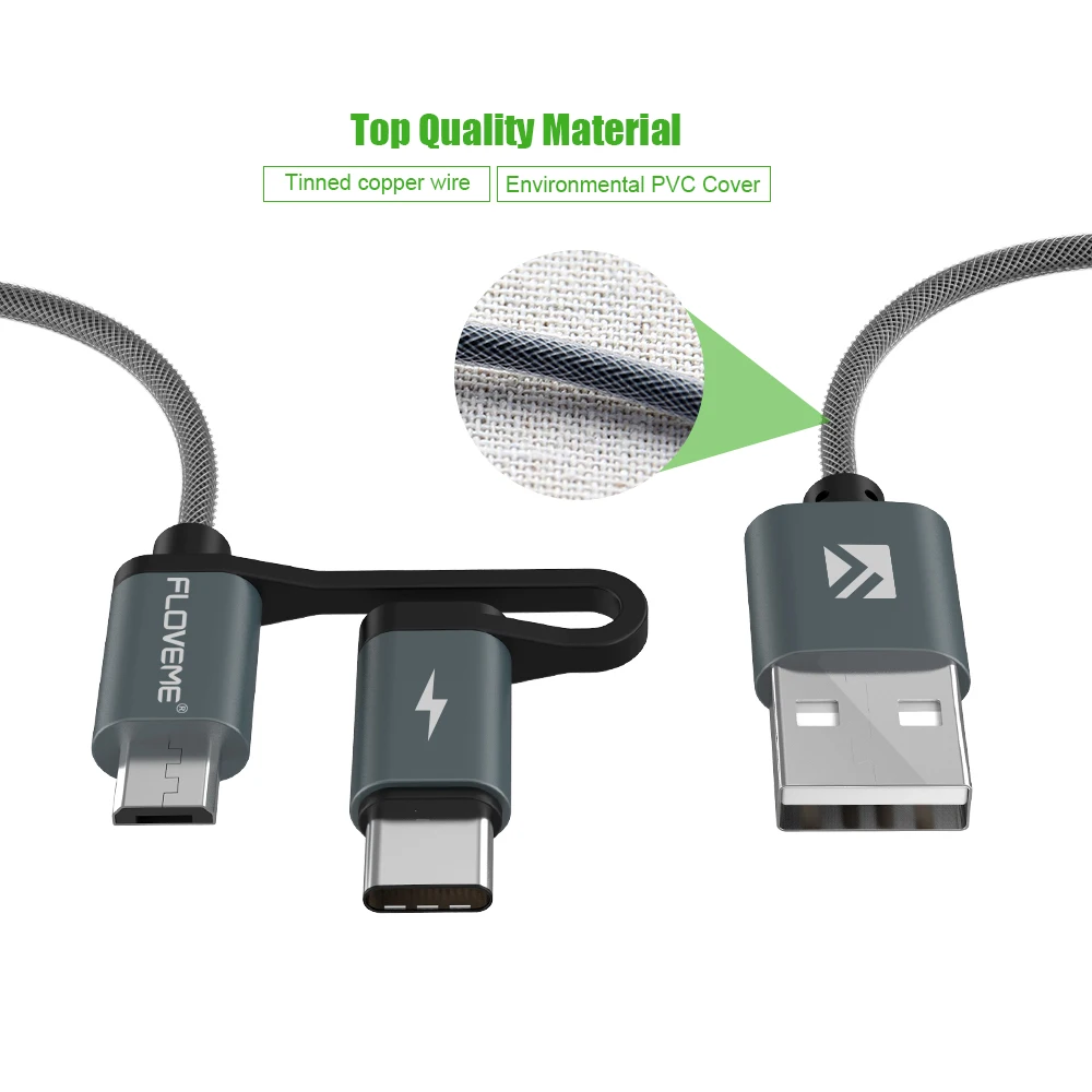 

Free Shipping 1 Sample OK FLOVEME 2.8A fast charging 2 in 1 nylon braided micro Type C usb charger cable