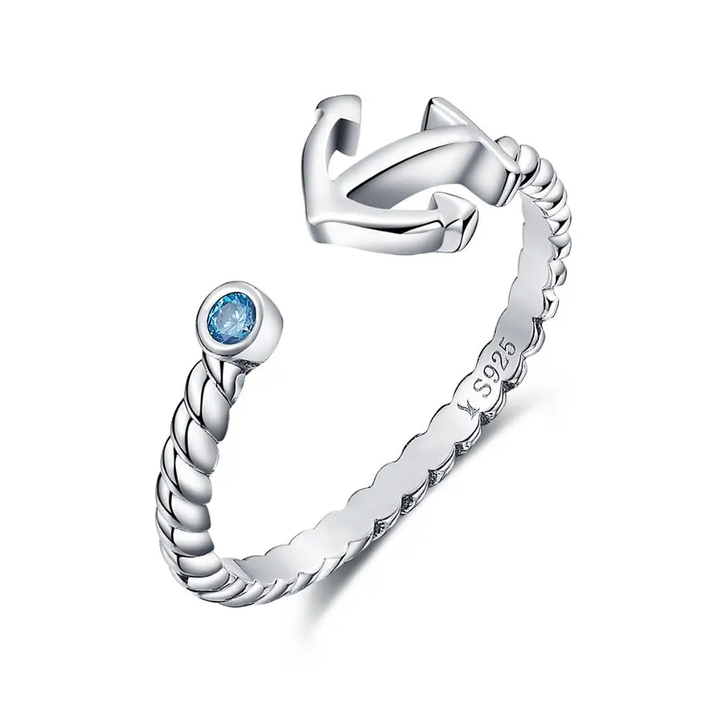 

High Quality New Product Handmade S925 Silver Boat Anchor Blue Diamond Style Open Ring