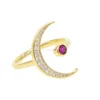 Fashion women gold plated open moon ring with ruby cz paved women flexible finger adjust size rings jewelry