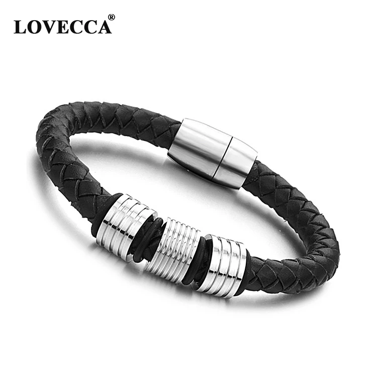 

Factory Wholesale Customized logo Men Genuine Leather Stainless Steel Bracelet With Magnetic Clasp