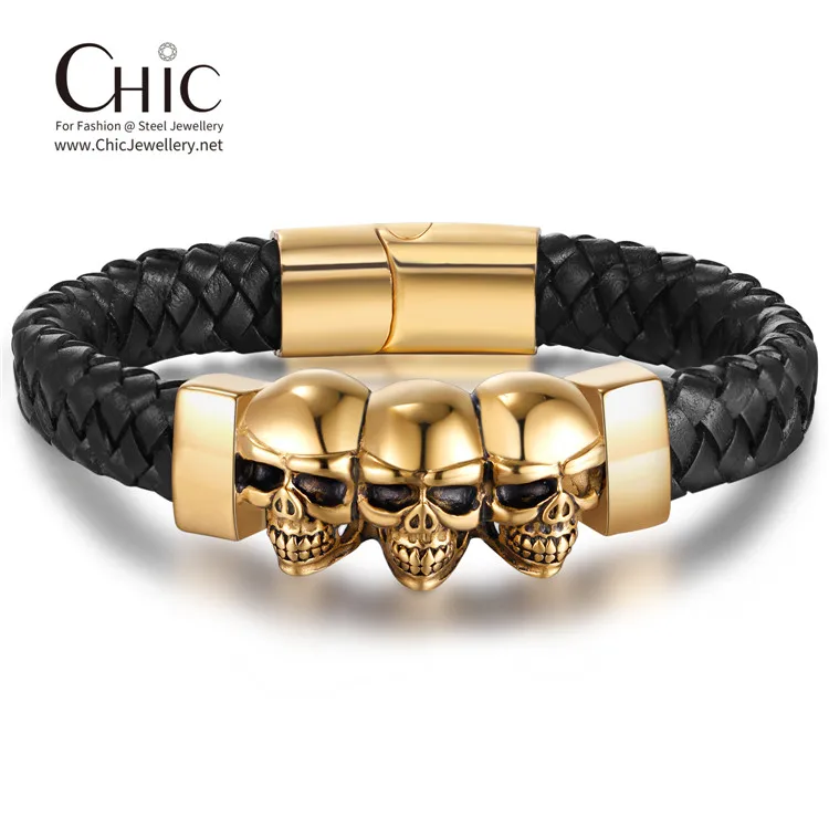 

Handmade Quality Braided Leather Skull Jewelry Men Stainless Steel Leather Bracelet