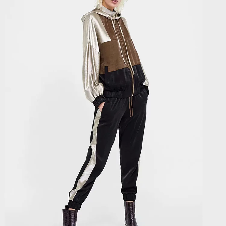 

Hot Sale New Arrival Khaki Color Blocking Women Casual Sets Fashion Track Suit