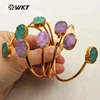 WT-B385 WKT Wholesale green pink oval shaped 24k gold plated adjustable double druzy quartz stone bangle