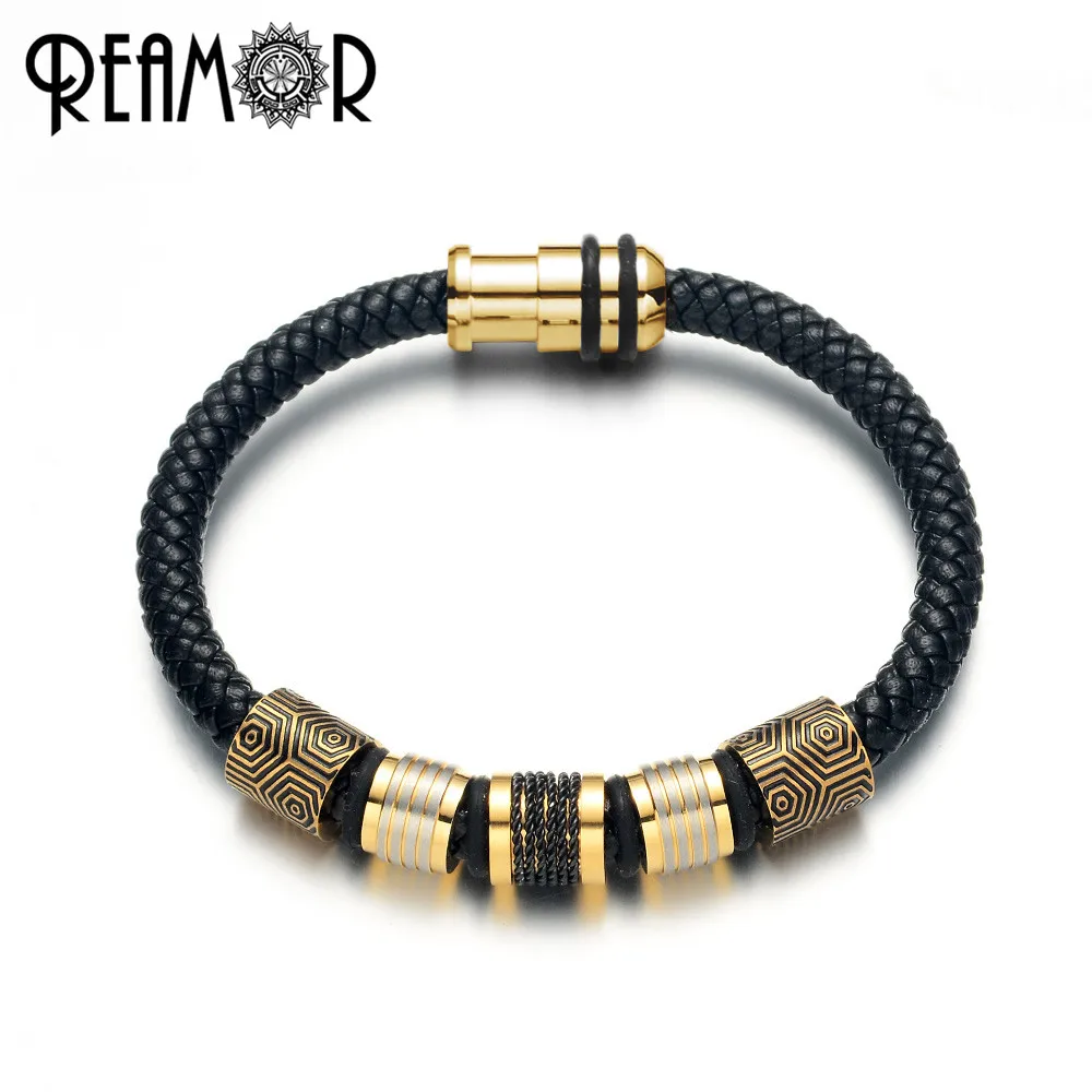 

REAMOR Fashion Black Chain Genuine Leather Bracelet Men Jewelry Stainless steel Gold Beads Magnetic Clasp Vintage Male Bangle