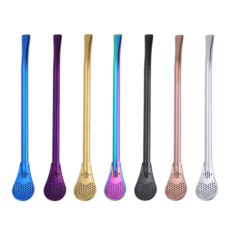 

Wholesale High Quality Reusable 304 Drinking Straws Metal Straw with Spoon Tea Filter 7 Color Filter Straw Spoon, As pictures