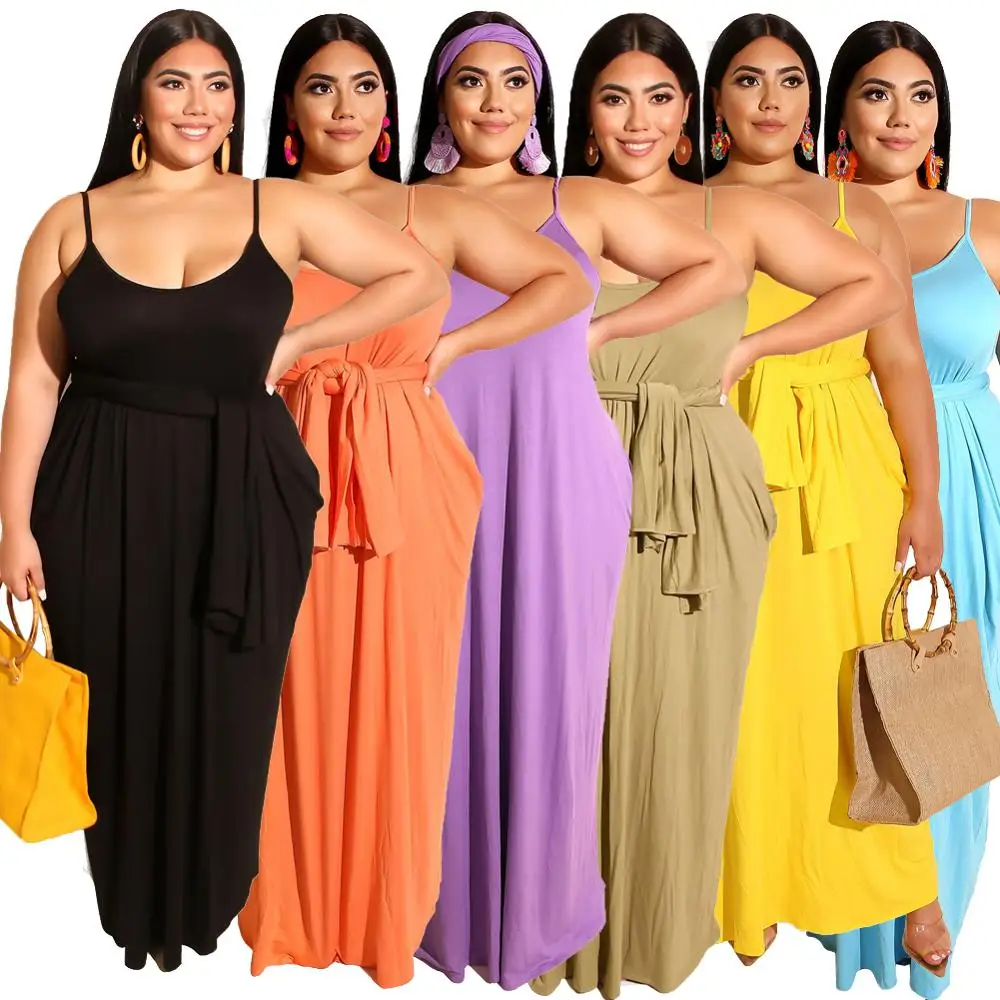 

Womens Spaghetti Strap Maxi Dress Plus Size Sleeveless with Pockets and Belt