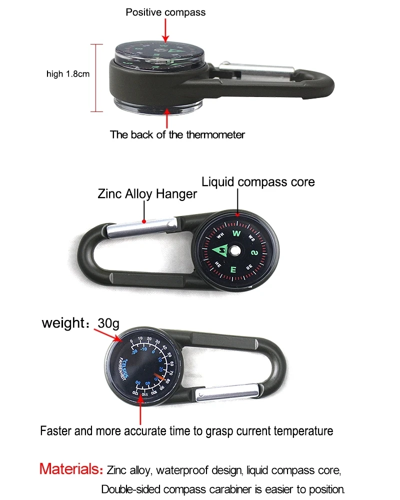 ball compass and thermometer carabiner hiking