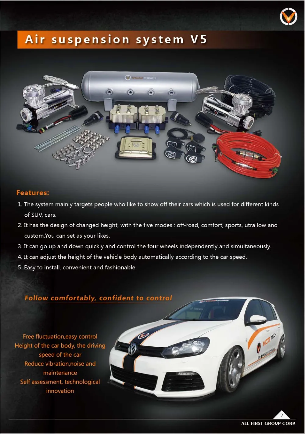 Auto parts adjustable vcotech air suspension, air suspension kits for