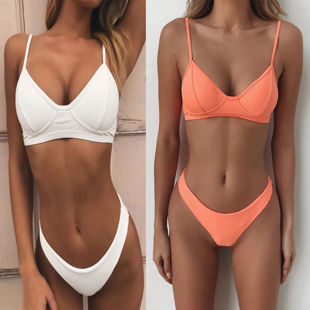 

2019 Three-dimensional Solid Color Swimwear High Cut Leg Thong Two Piece Set Sexy Bikini Women Swimsuit, Picture or customized