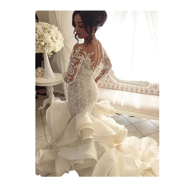 

2019 High-End Long-Sleeved Wedding Dress Mermaid Applique Lace Tulle Bride Dresses, N/a