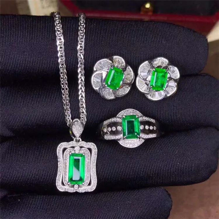 

18k gold South Africa real diamond natural green emerald stud earring necklace pendant ring Statement African Jewelry Sets