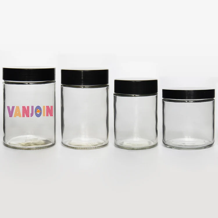 

Round straight sided hermetic food storage glass jars with sealable plastic lid, Clear, also can be customized