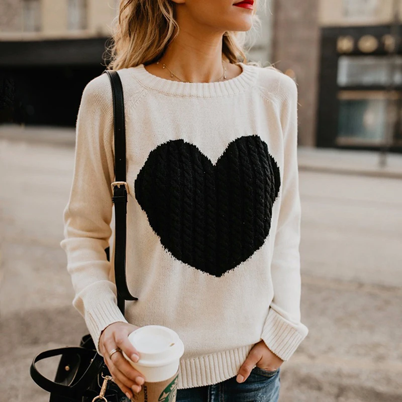 

Womens Casual Cable Knitted Crewneck Heart Love Oversized Pullover Sweater