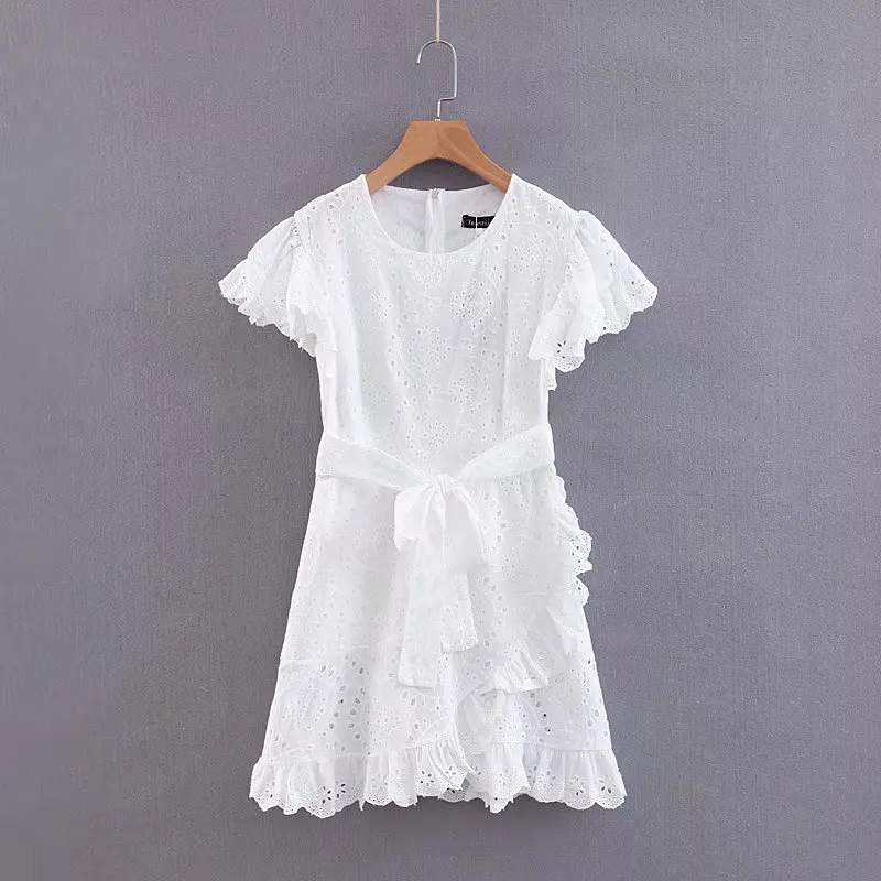 

High quality eyelet design lace white cotton dresses women summer clothing