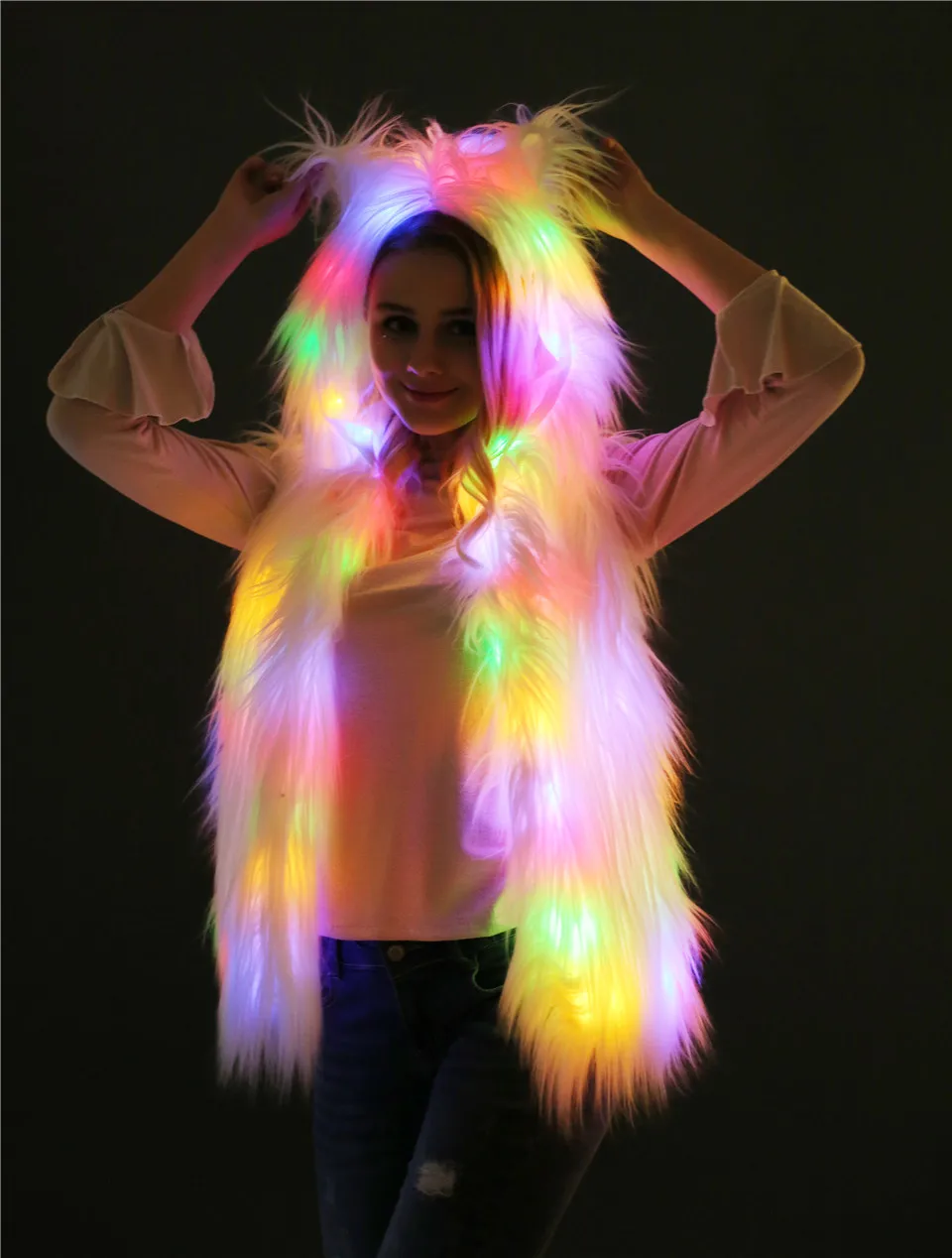 Winter White LED Lights Hooded Faux Fur Vest Coat Jacket Halloween Christmas Party vests