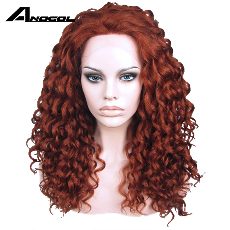 

Anogol Reddish Auburn Long Kinky Curly Natural Free Part Brazilian Hair Synthetic Lace Front Wig