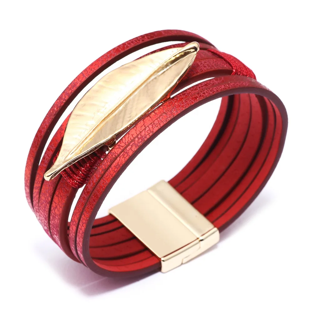 

Fashion Gold Silver Plated Alloy Leaf Multilayer Leather Bracelet with magnetic clasp