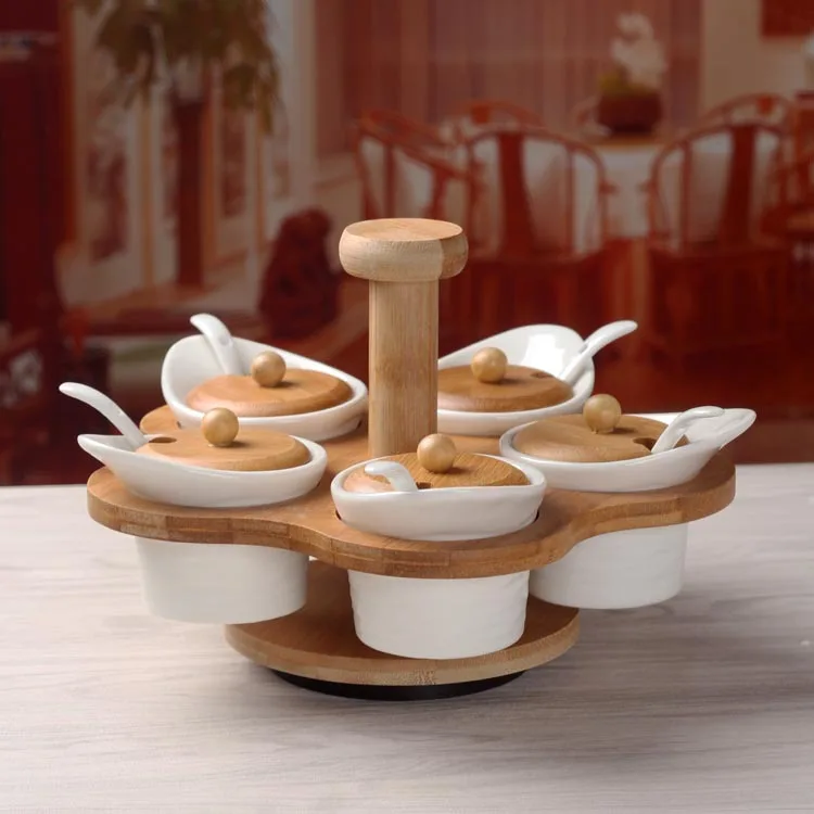 

High Quality Kitchen Seasoning Pot Rotating Rack Ceramic Spice Jars Set with Wood Lid, Customized