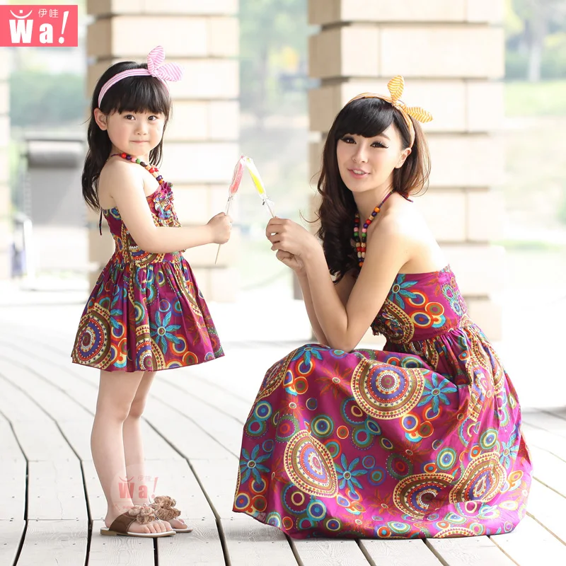 Family fashion summer 2015 clothes for mother and daughter one piece dress beach dress full princess