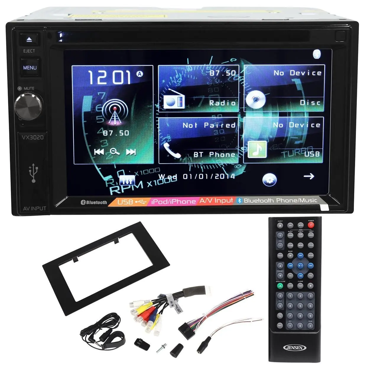 Jensen VX3020 Double Din 6.2" In-Dash Car DVD Receiver With Bluetooth Music Streaming, AUX/USB Inputs, and iPod/iPhone/Android Integration