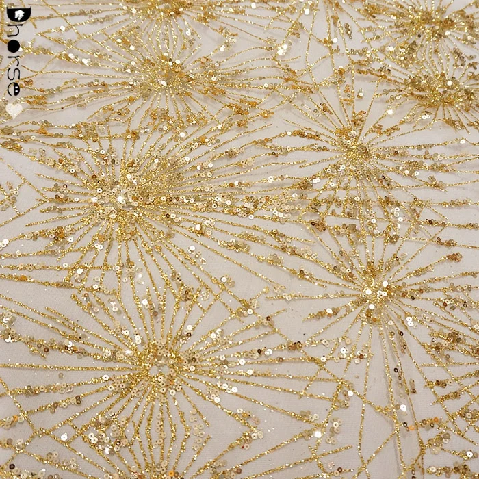 

Golden Evening Dress Noble Manual Lace Fabric, As sample or customized