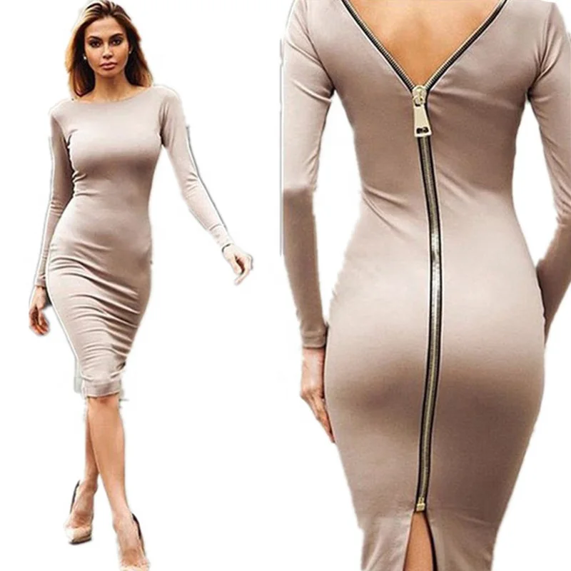 

Foreign trade club sexy back with zipper knitted long sleeve knee-length dress spot goods