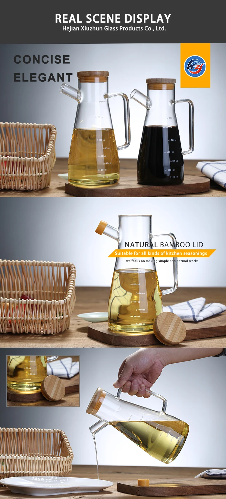 Handmade high borosilicate glass water oil bottle decanter with wooden lid