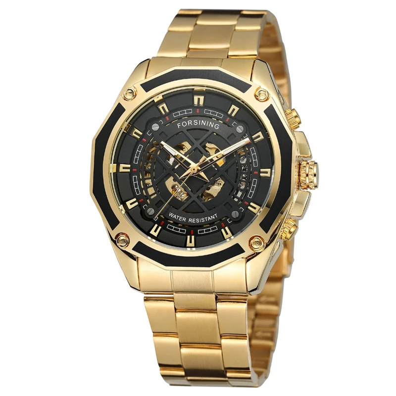 

Mens Luxury Mechanical Wrist Watches Stainless Steel Men Fashion Skeleton Dial Forsining Brand Golden Automatic Watch Relojes