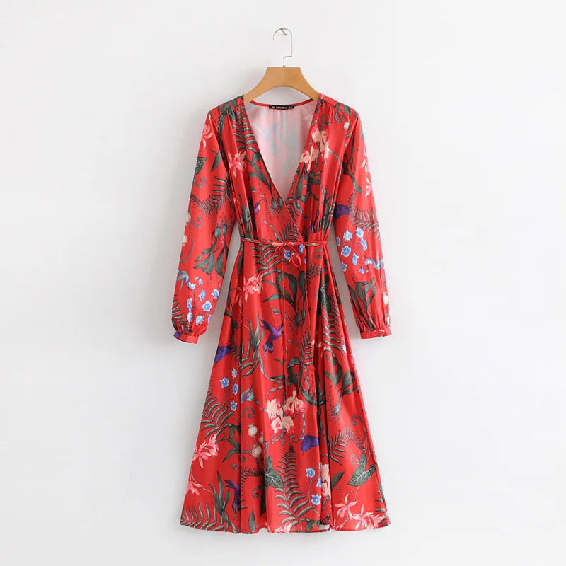 

V neck red multi color long sleeve floral print dress women spring clothing with belt, N/a
