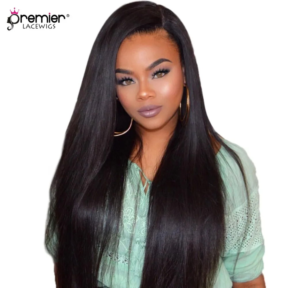 

premier cambodian virgin hair 250% density real thick relaxed yaki straight glueless lace front wigs, Natural color