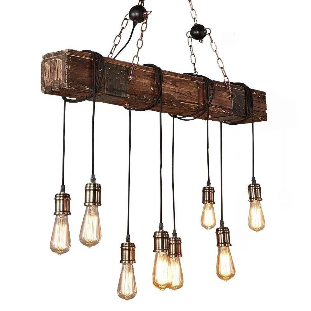
Indoor retro Hanging Rustic Metal loft Vintage LED lamp Wooden beaded Chandelier Pendant lighting 