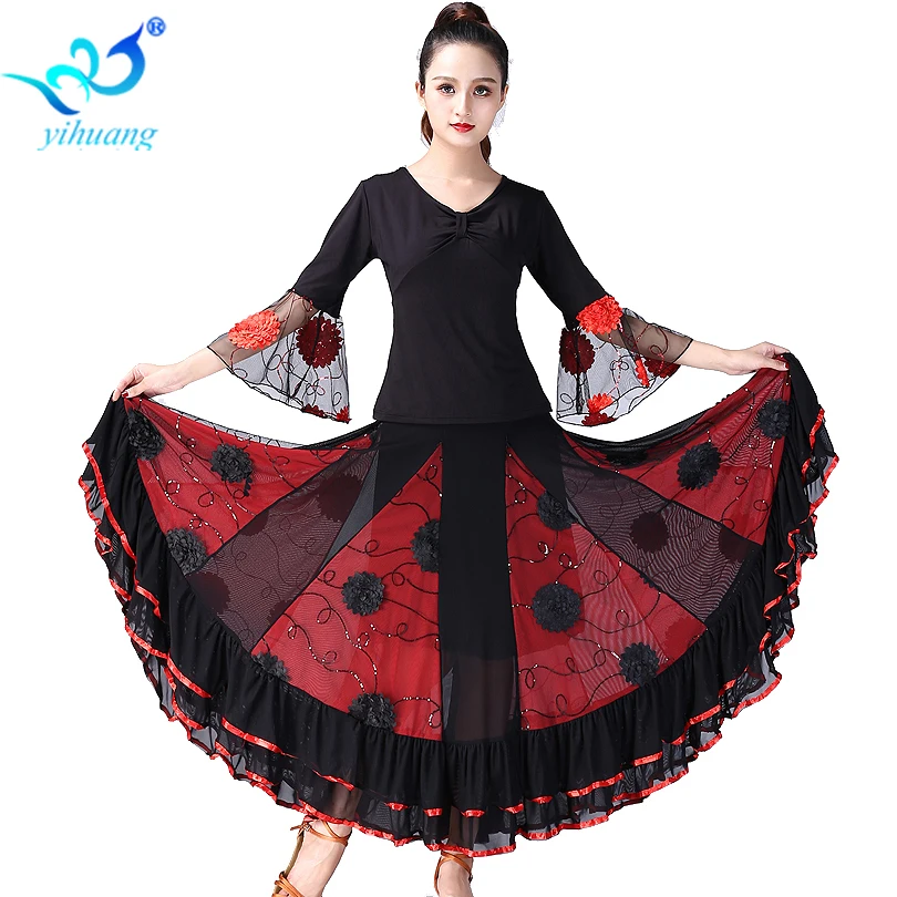 

Flamenco Modern Dance Costume Competition Set Waltz Tango Smooth Ballroom Dance Tops & Skirt Performance Standard Long Sleeves, Red;rose pink;black