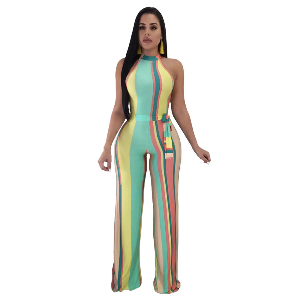 

2019 Women Contrast Striped Multi Jumpsuit O Neck Strappy Strapless shoulder Loose spring/summer fashion Sexy casual Rompers