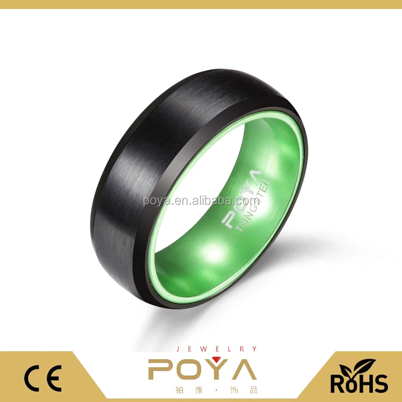 

POYA Mens Wedding Band Comfort Fit Two Tone 8mm Black Tungsten Ring Brushed Beveled Edge Inside Anodized Green