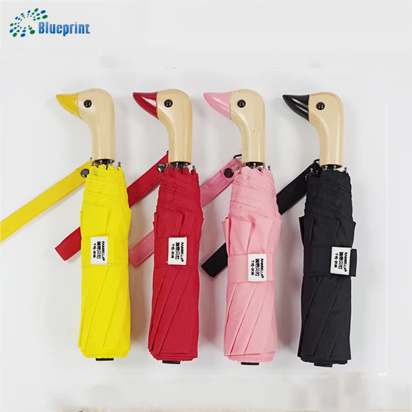 

Cheap duck head woodlen handle 3 foldable umbrella for sale, Any color