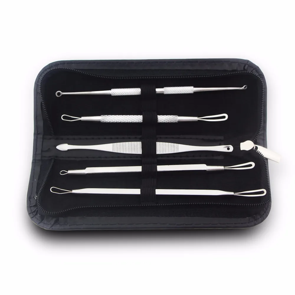 

New Arrival 5pcs Face Care Skin Remover Kit Blackhead Blemish Acne Pimple Extractor Stainless Needles Tool Kit Face Cleanser, Silver