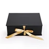Flat foldable cardboard mate black luxury paper gift box with gold ribbon