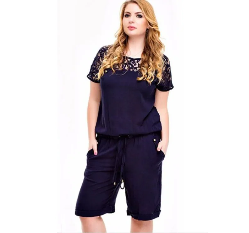 

Big Plus Size 4XL 5XL New Lace Embroidery Jumpsuits Rompers Women Short Sleeve Middle Pants Ladies Jumpsuit, N/a