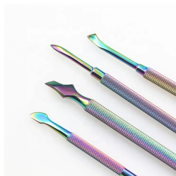 

2020 Fangxia 4 pcs Stainless Steel Dual-ended Nail Cuticle Pusher Remover Rainbow Manicure Nail Tools