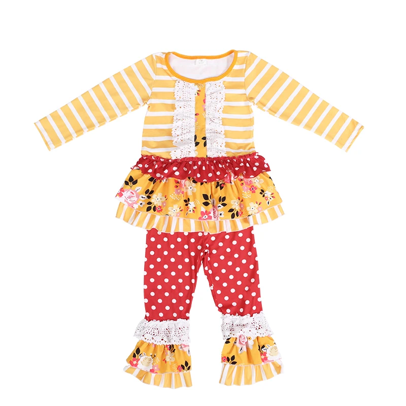 

Children Striped and Flowers Printed Outfits Girl Sets with Lace Ruffles for Fall