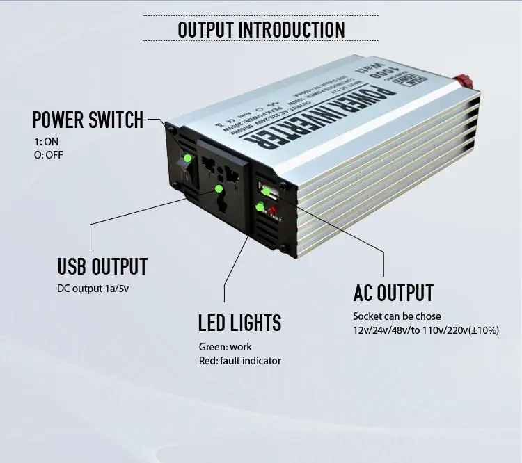 Mini inversor solar de aluminio, 1000w, 12v, CC a 200v/240v, CA ...