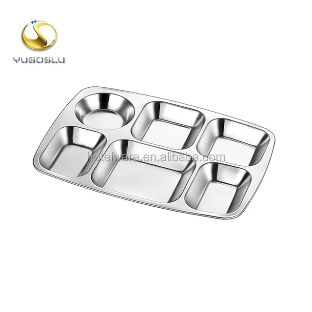 

FREE SAMPLE Factory 6 Compartment metal bento lunch box for Food Container stainless steel thali tray for school, Silver