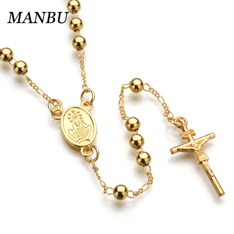 

gold crucifix necklace rosary beads catholic necklace stainless steel jewelry necklaces female chains 12778, Picture