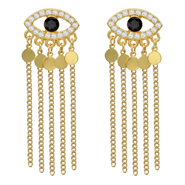 

Wholesale imitation jewellery evil eye small disc gold plated tassel earrings, Picture